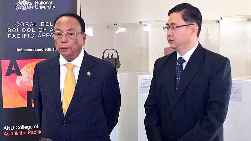 Khin Aung Myint (left), speaker of the Myanmar parliament's upper house, at the opening of the ANU Myanmar Research Centre.