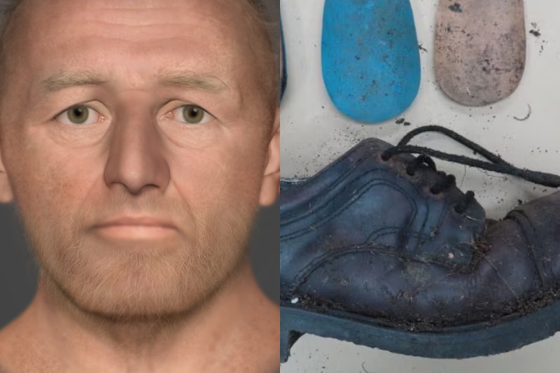 Composite image of facial reconstruction of man and a shoe.