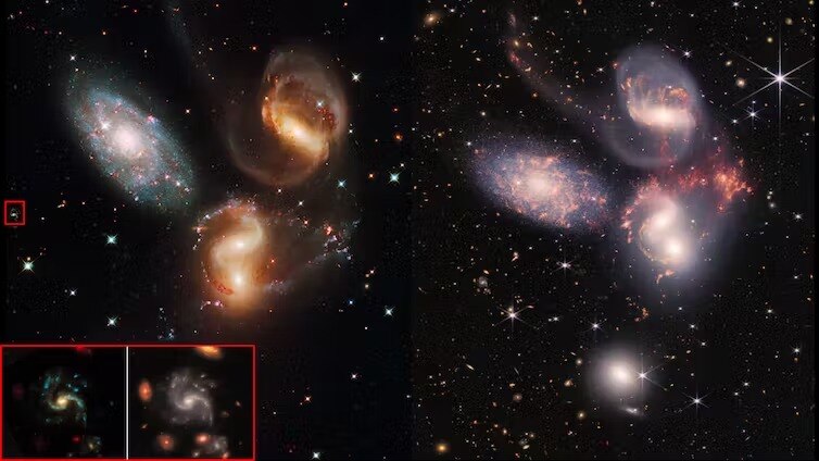 images of the group of galaxies known as ‘Stephan’s Quintet’. The inset shows a zoom-in on a distant background galaxy.