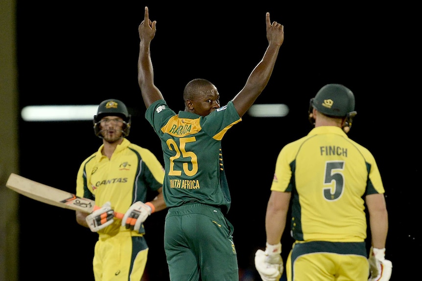 Kagiso Rabada celebrates an Australian wicket in Georgetown