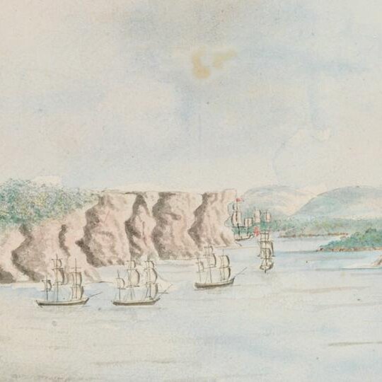 Watercolour painting of First Fleet ships arriving in Botany Bay