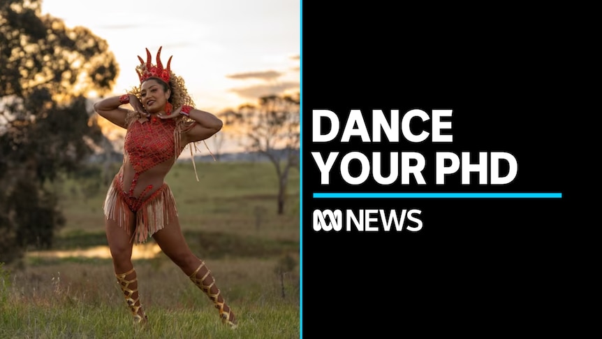 Dance Your PhD: Woman in elaborate costume posing in a rural field