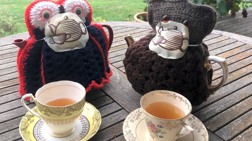 Tea cosies wearing face masks in a rural landscape.