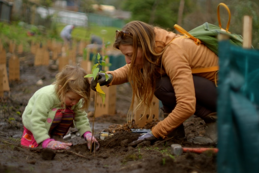 A small child and female woman both crouching, plant a Tasmanian native plant into muddy ground.