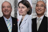 Composite of two men and the Premier standing in front of NSW Government signage.