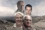 The faces of four people who went missing in Victoria's High Country are shown against a backdrop of an alpine landscape.