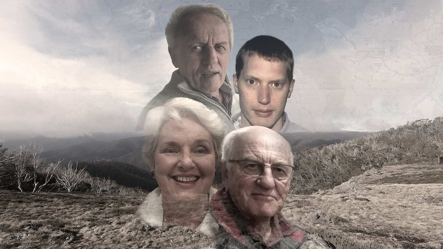 The faces of four people who went missing in Victoria's High Country are shown against a backdrop of an alpine landscape.