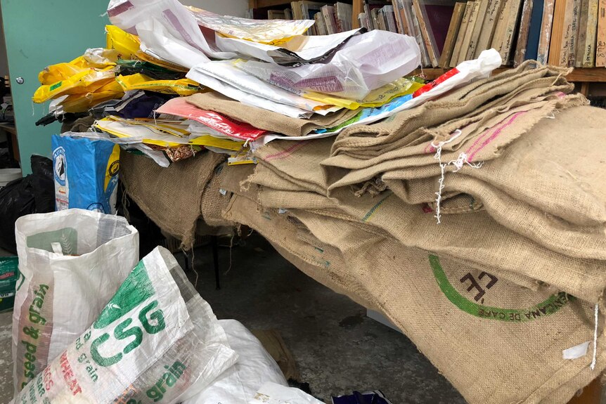 Hessian sacks and animal feed bags