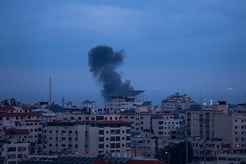 Smoke rises following an Israeli airstrike in the western Gaza Strip.