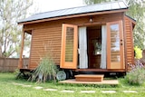 A tiny house with wheels in a backyard.