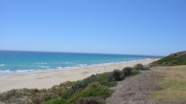 A landscape image of a beach and the sea in South Australia