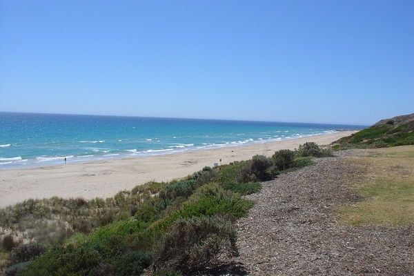 A landscape image of a beach and the sea in South Australia