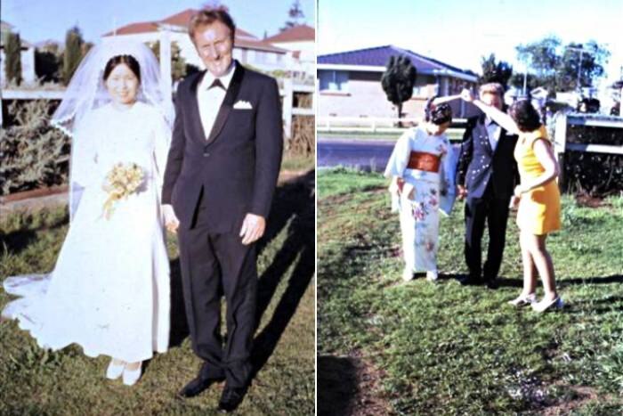 Old photos of a couple getting married.