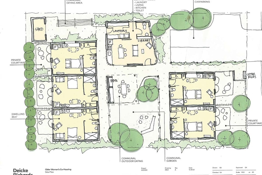 An architect's drawing of five units and a shared space.