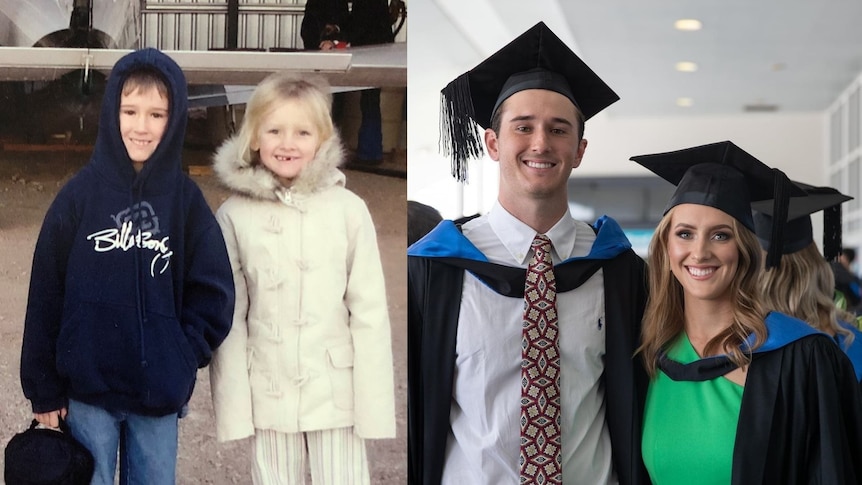 Composite of a couple of kids and a couple of graduates.