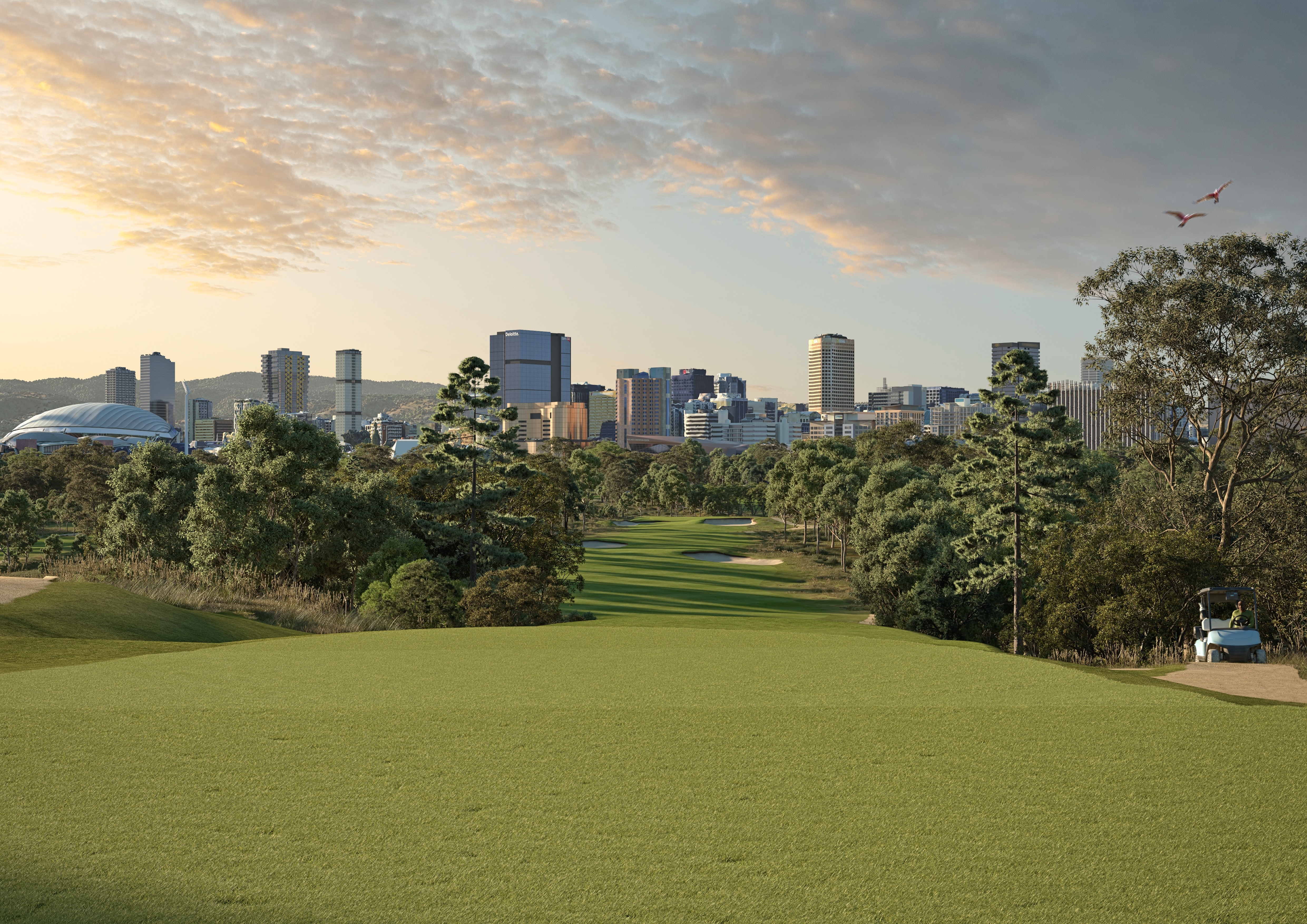 Un diseño conceptual de un campo de golf con árboles a ambos lados y los edificios de la ciudad de Adelaida al fondo.