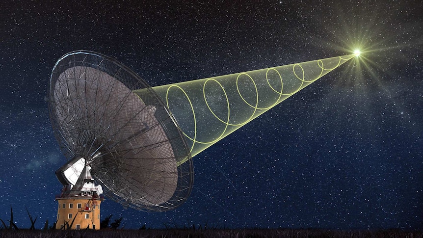 An illustration of the Parkes radio telescope receiving the polarised signal from the radio burst