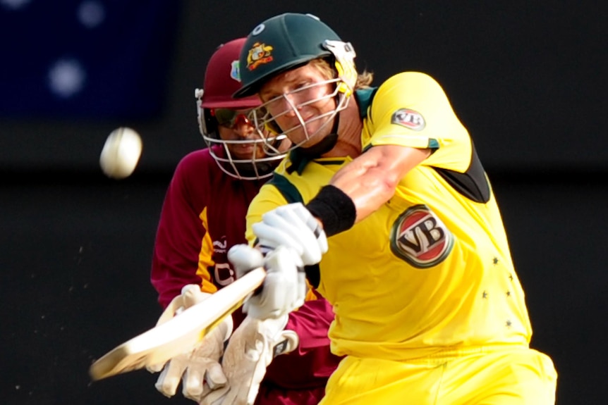 Shane Watson smashes the ball v West Indies in Gros Islet, St Lucia.