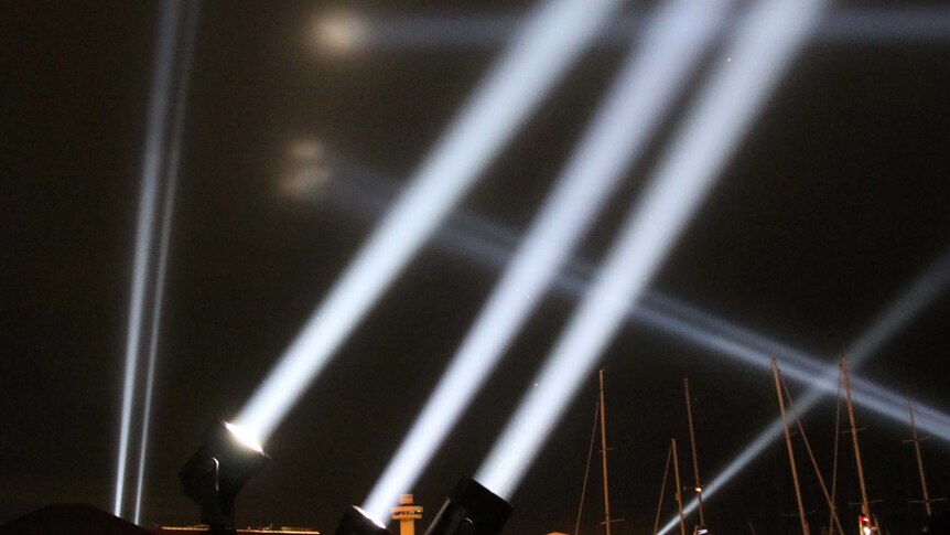 Lights from artwork Articulated Intersect by Rafael Lozano-Hemmer at Constitution Dock, Hobart.
