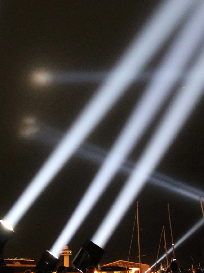 Lights from artwork Articulated Intersect by Rafael Lozano-Hemmer at Constitution Dock, Hobart.