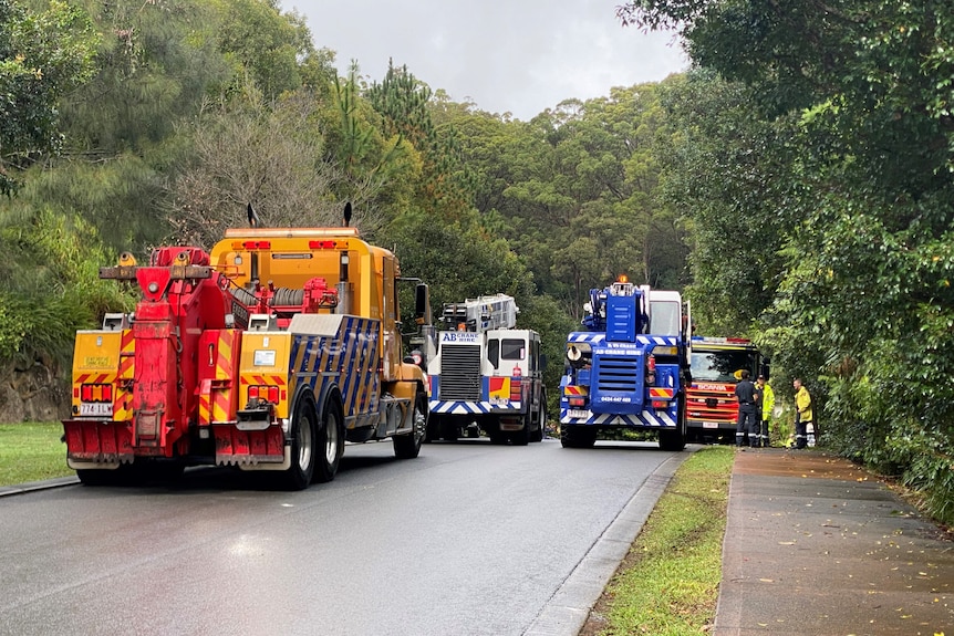 wet road with tow trucks and emergency service vehicles surrounded by tall trees
