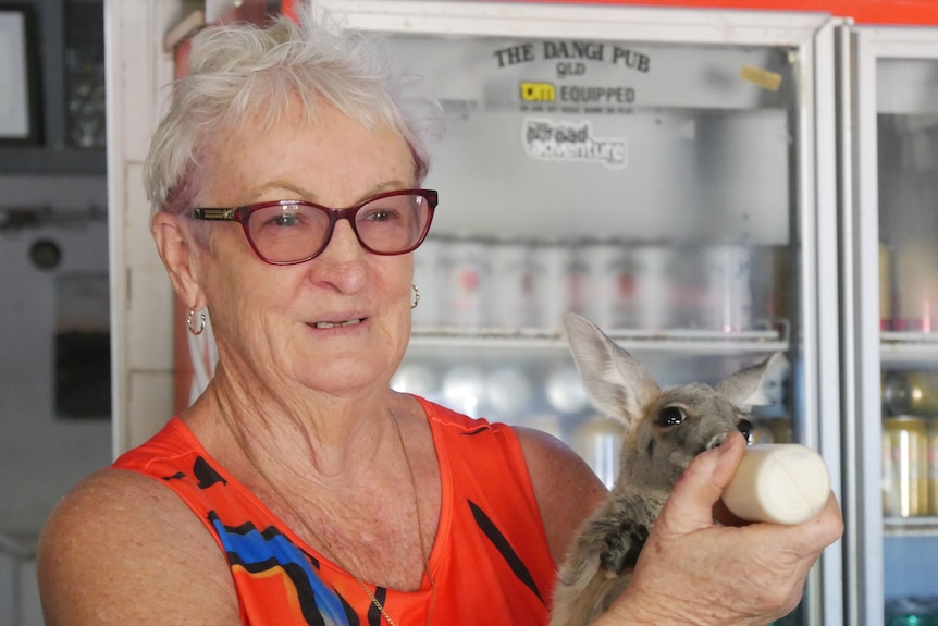 Woman in red dress bottle feeding a joey kangaroo 