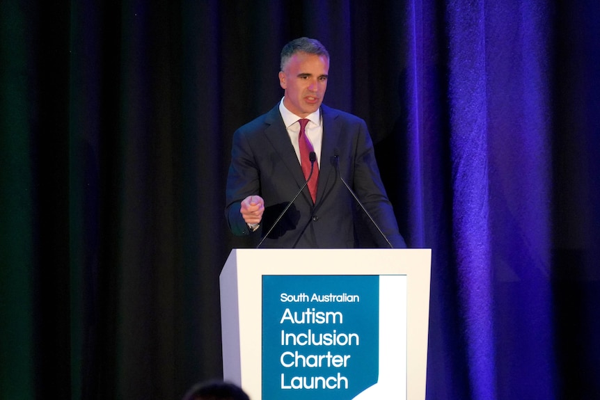 SA premier Peter Malinauskas addressing a gathering on World Autism Awareness Day.