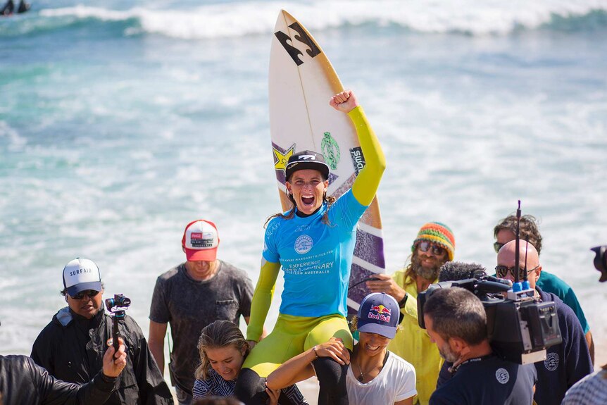 Courtney Conlogue celebrates winning Margaret River Pro