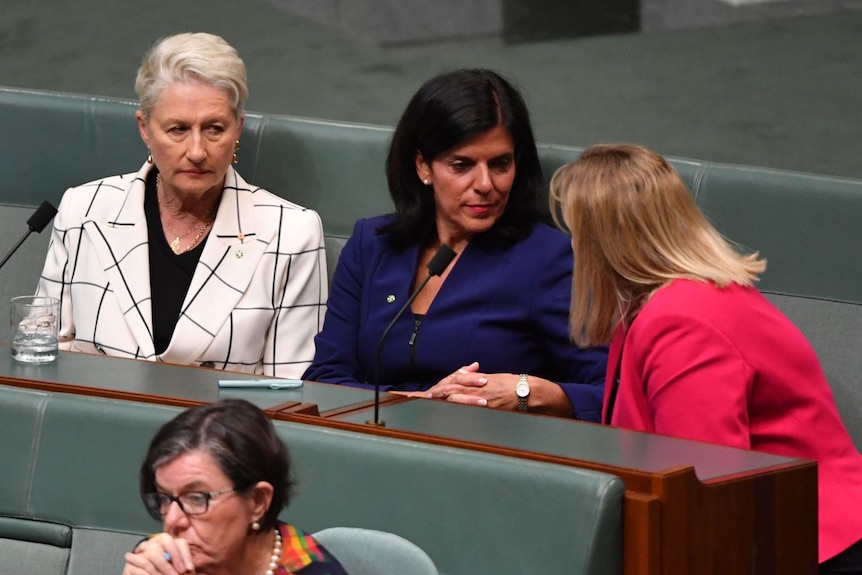 Julia Banks Kerryn Phelps and Rebekha Sharkie converse while seated on the green upholstery of the House of Representatives.