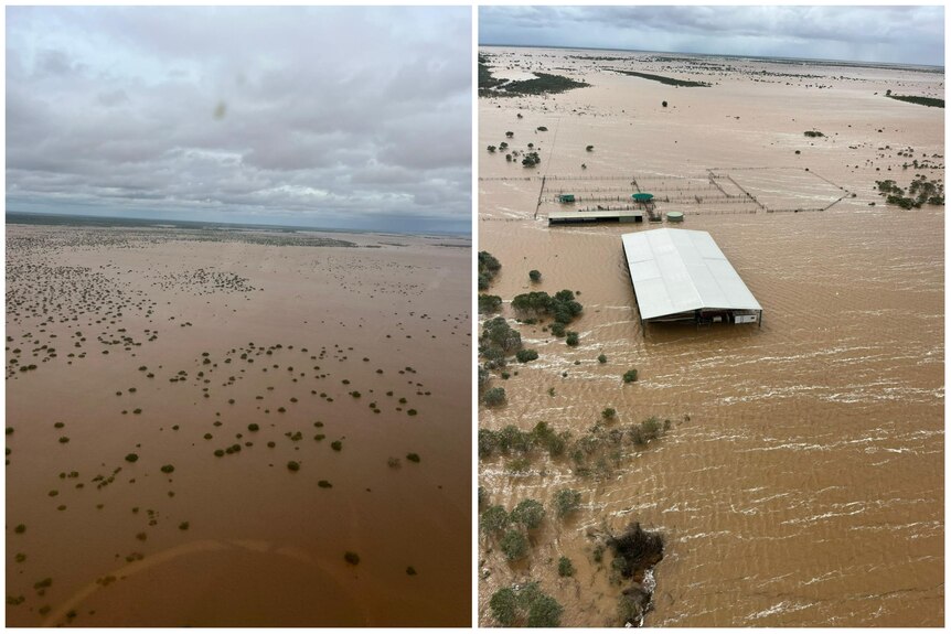 Two shots side by side showing brown floodwater covering much of the landscape. 