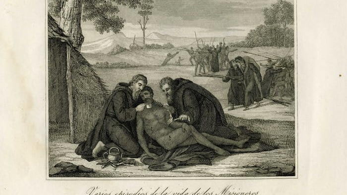 An old engraving of two monks and an injured man