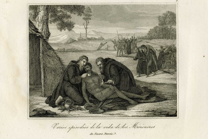 An old engraving of two monks and an injured man