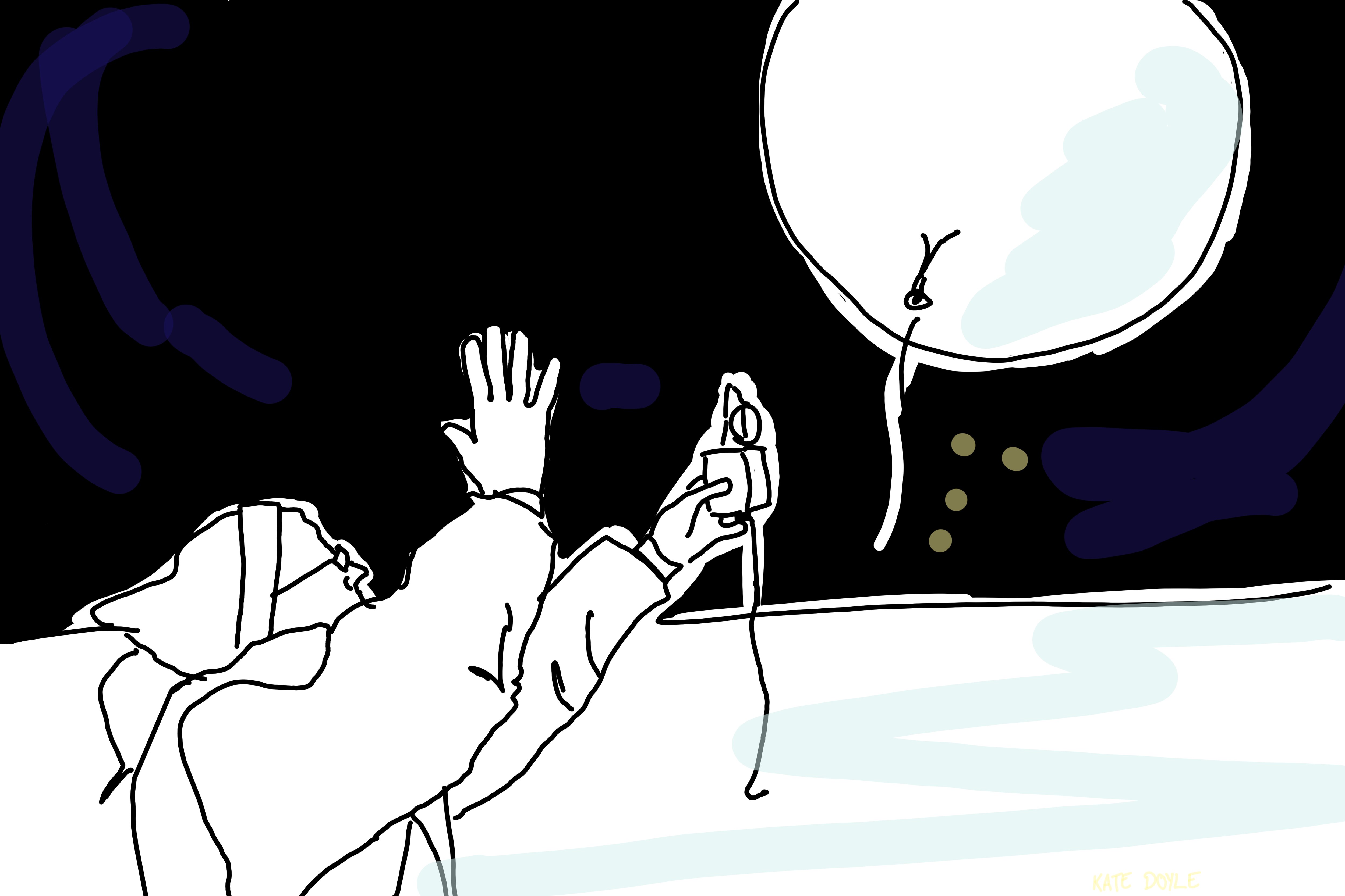 A drawing of a person with a large balloon above them.