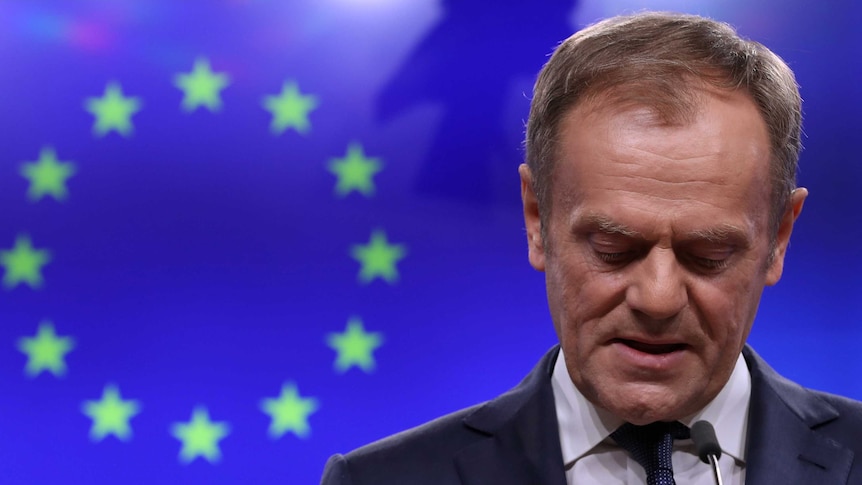 Donald Tusk looks down, mid-speech, standing in front of a blue screen with a circle of small yellow stars.