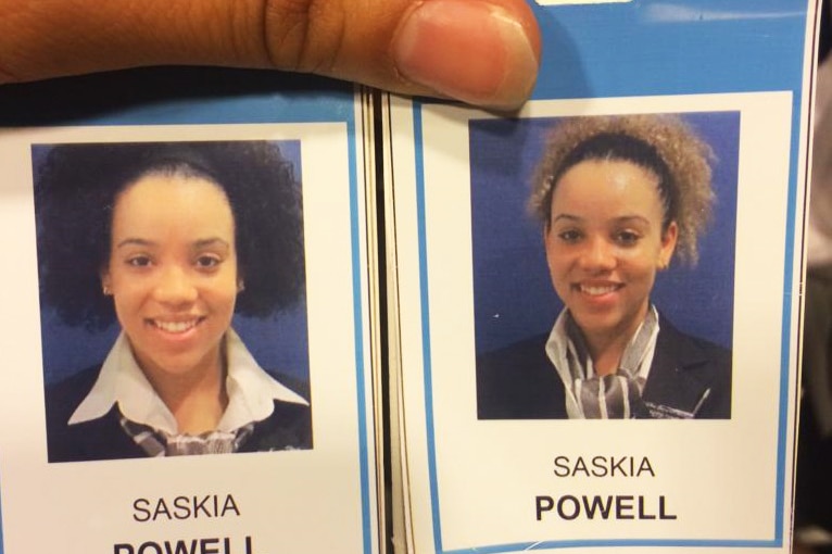 Work photo ID of Saskia smiling at age 17. One with her hair as afro. The other afro is tied back tightly.