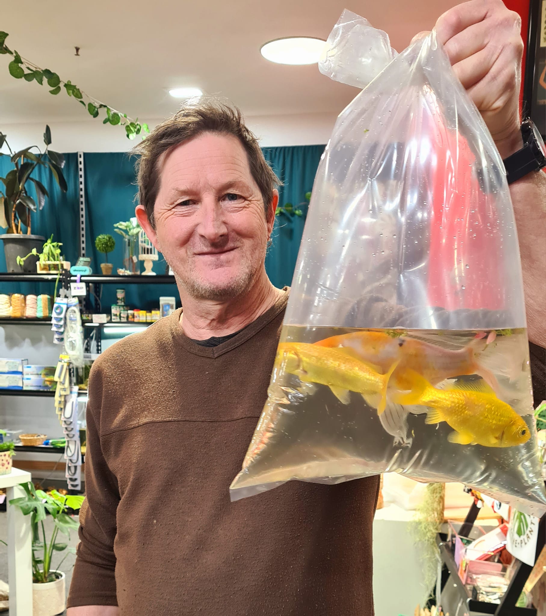 A man holding three gold fish in a bag