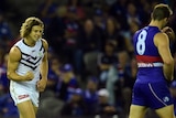 The Dockers' Nat Fyfe (L) reacts after kicking a goal against Western Bulldogs at Docklands.