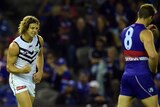 The Dockers' Nat Fyfe (L) reacts after kicking a goal against Western Bulldogs at Docklands.