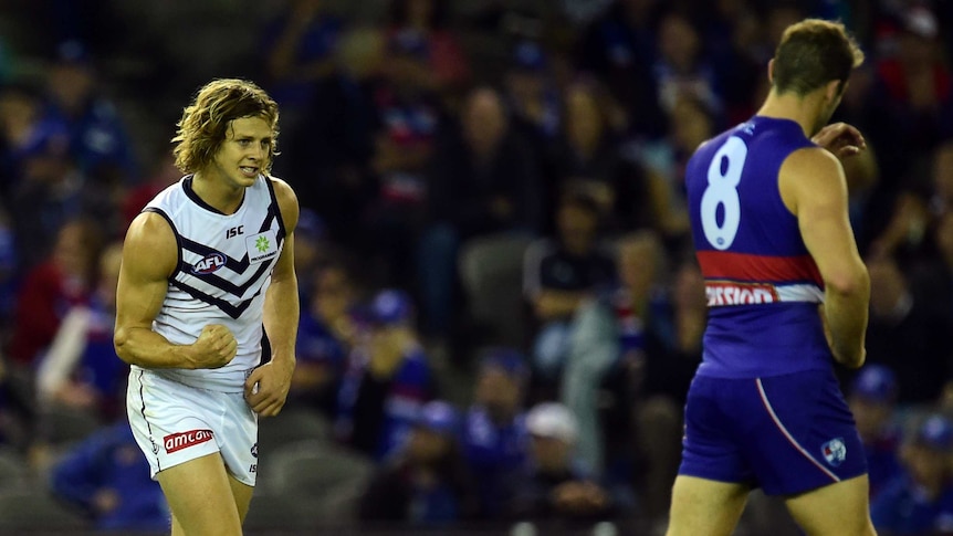 Fremantle's Nat Fyfe reacts after kicking a goal against the Western Bulldogs in May 2015.
