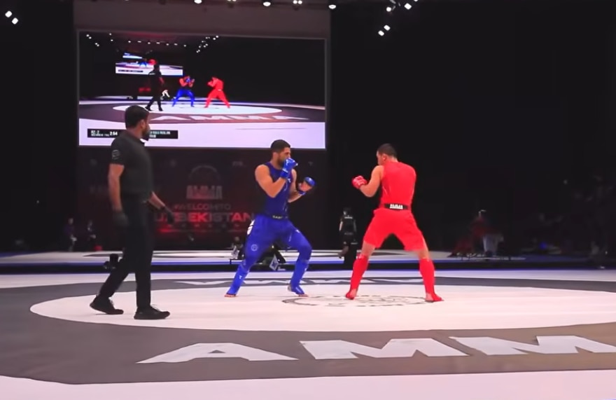 two mixed martial artists during a fight, one in red and one in blue outfits