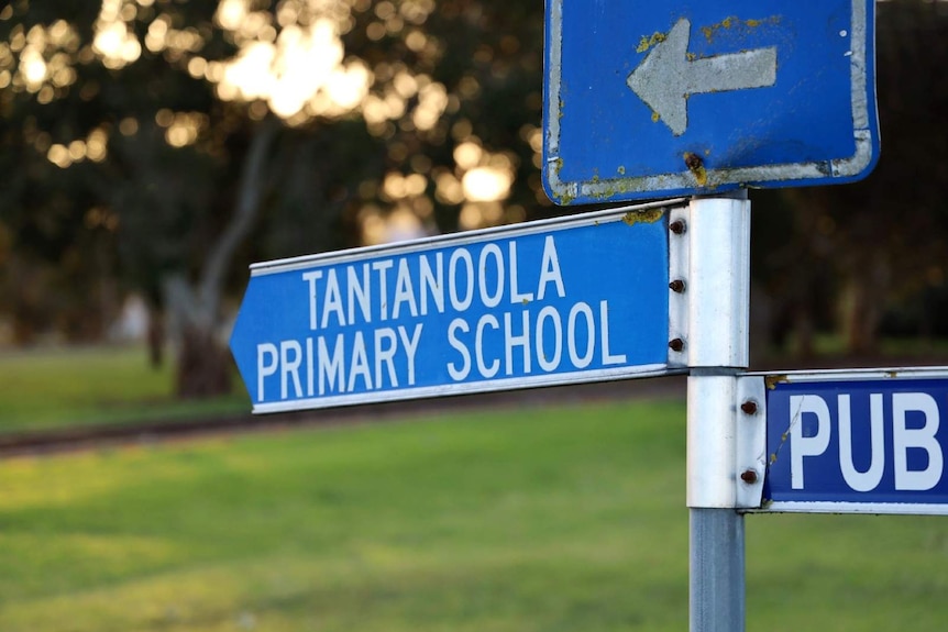 A blue sign on a sign post reading Tantanoola Primary School.
