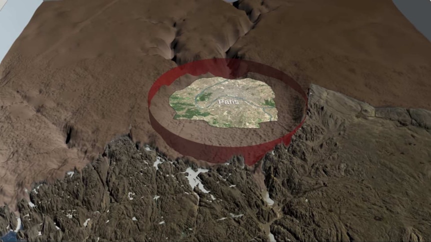 An artist's rendering of a size comparison between Paris and a large crater.