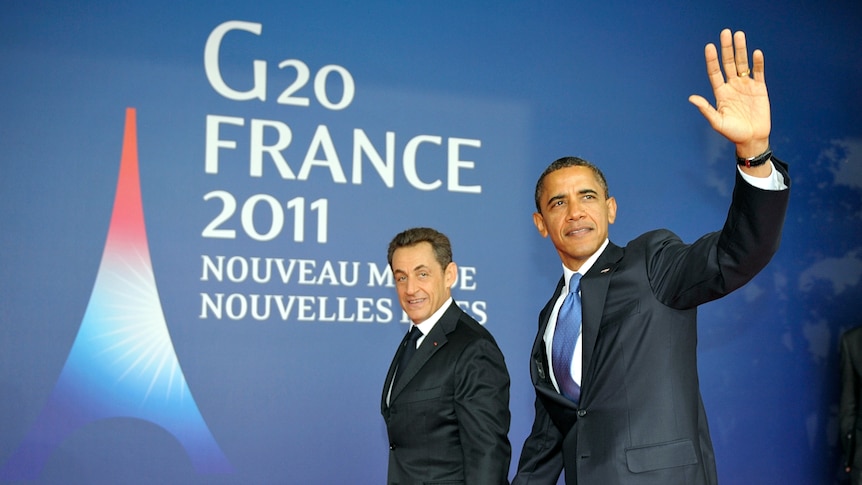 France's president Nicolas Sarkozy and US president Barack Obama arrive at the G20
