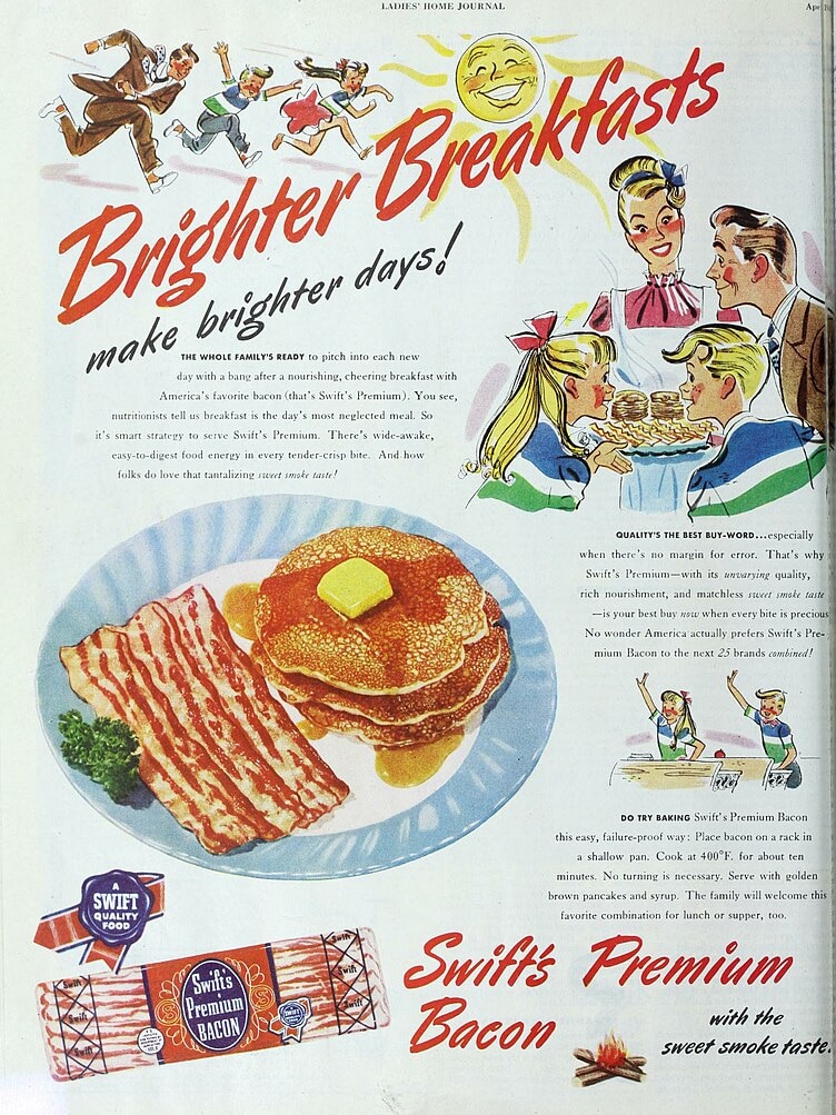 An advertisement for bacon, which says Excite 'em for a real American breakfast!