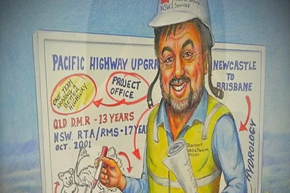 A comic sketch of a man with a beard in high viz in front of a whiteboard.