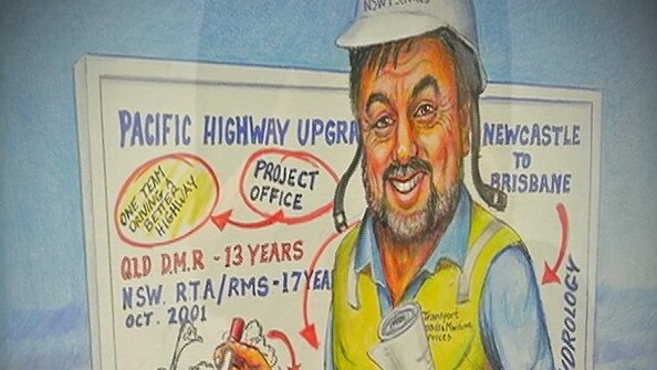 A comic sketch of a man with a beard in high viz in front of a whiteboard.