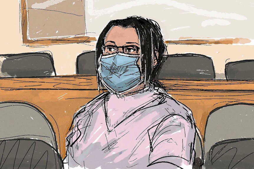 a court sketch drawing of a woman with dark hair wearing a face mask.