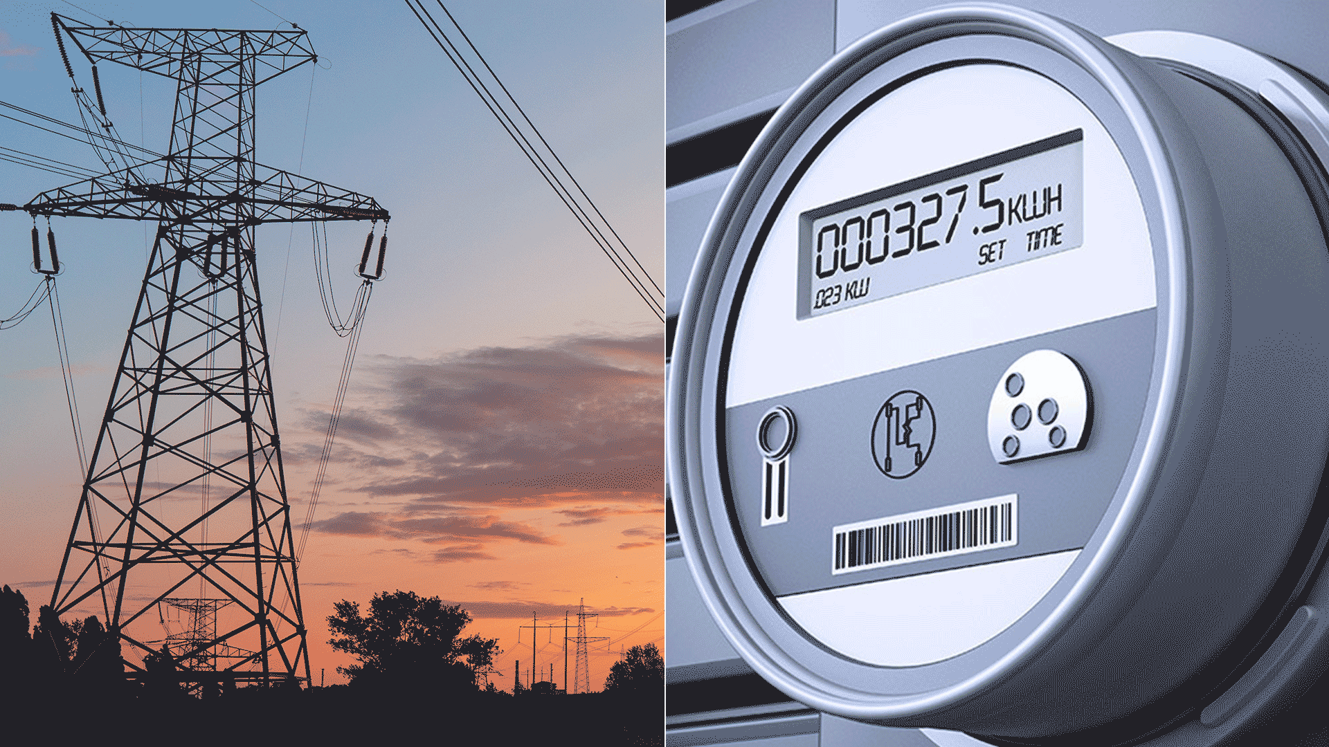 A generic composit image of a transmission tower and a smart meter.
