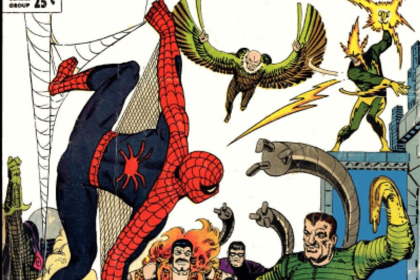 Spider-Man swings on a web as villains approach in a comic book panel.