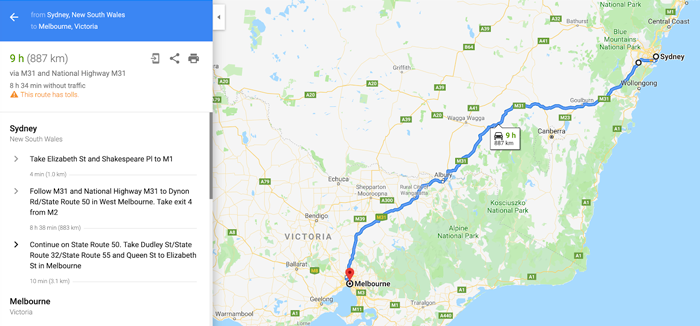 Screenshot of a google maps route from Sydney to Melbourne